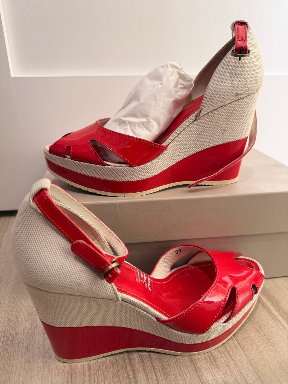Hogan Red Patent Leather and Natural Canvas Wedge Sandals